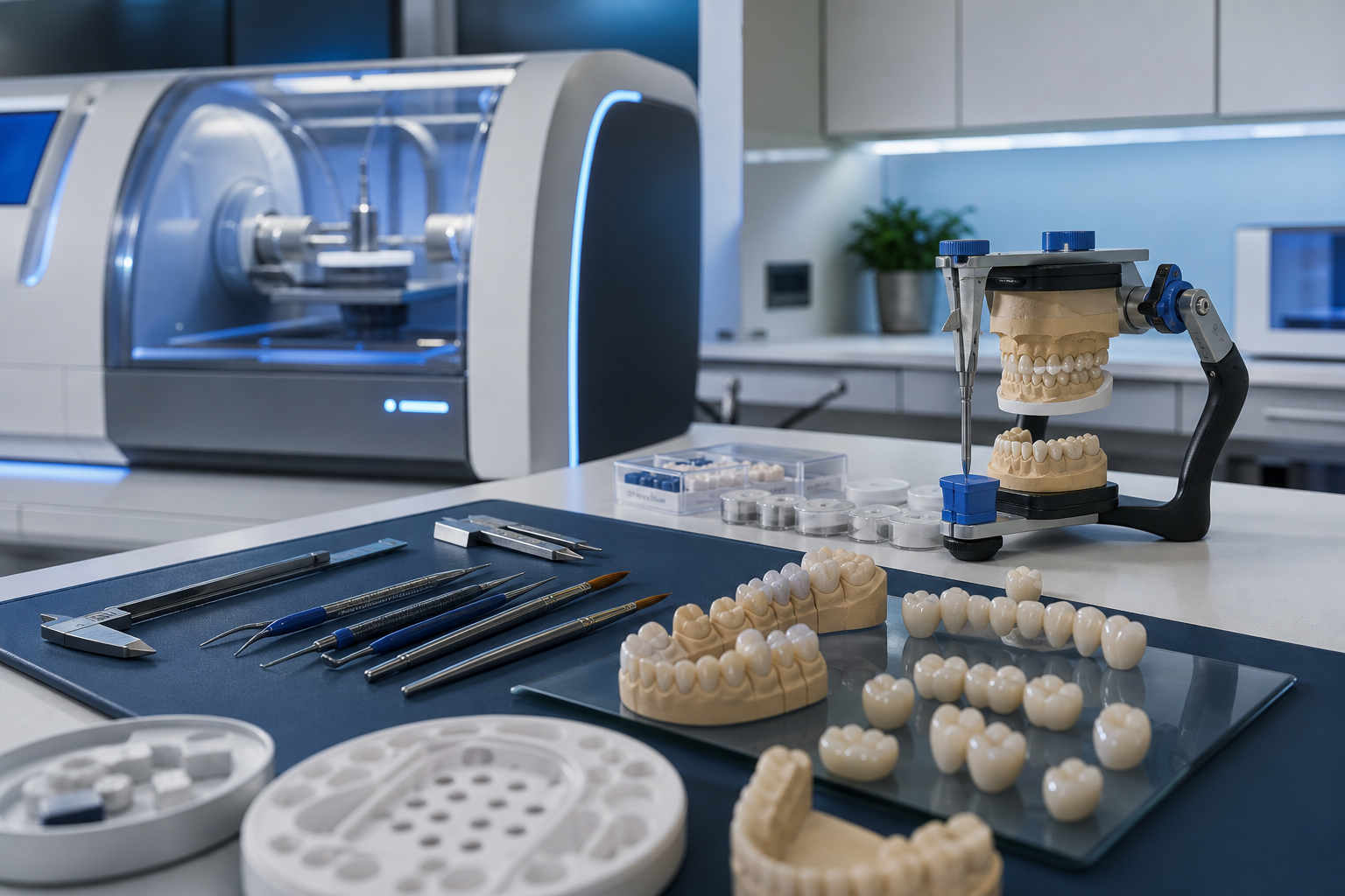 Precision zirconia crowns, ceramic restorations, and CAD/CAM milling equipment on a modern dental laboratory workbench