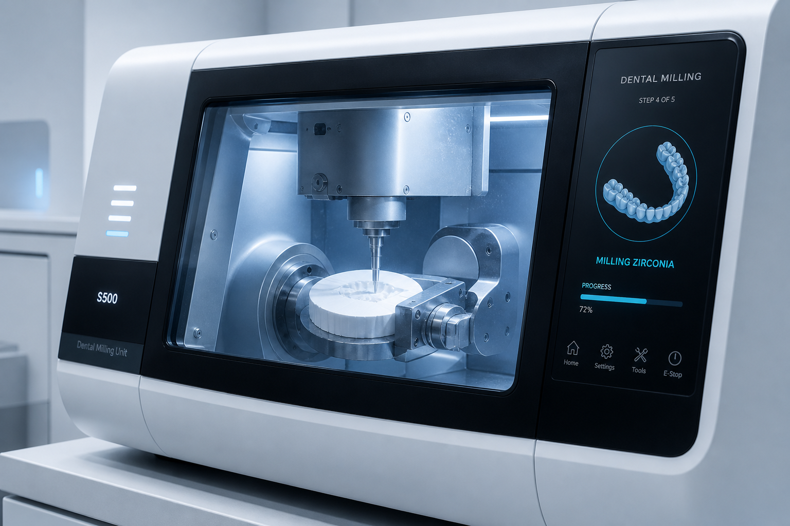 Five-axis CAD/CAM milling machine manufacturing a zirconia restoration