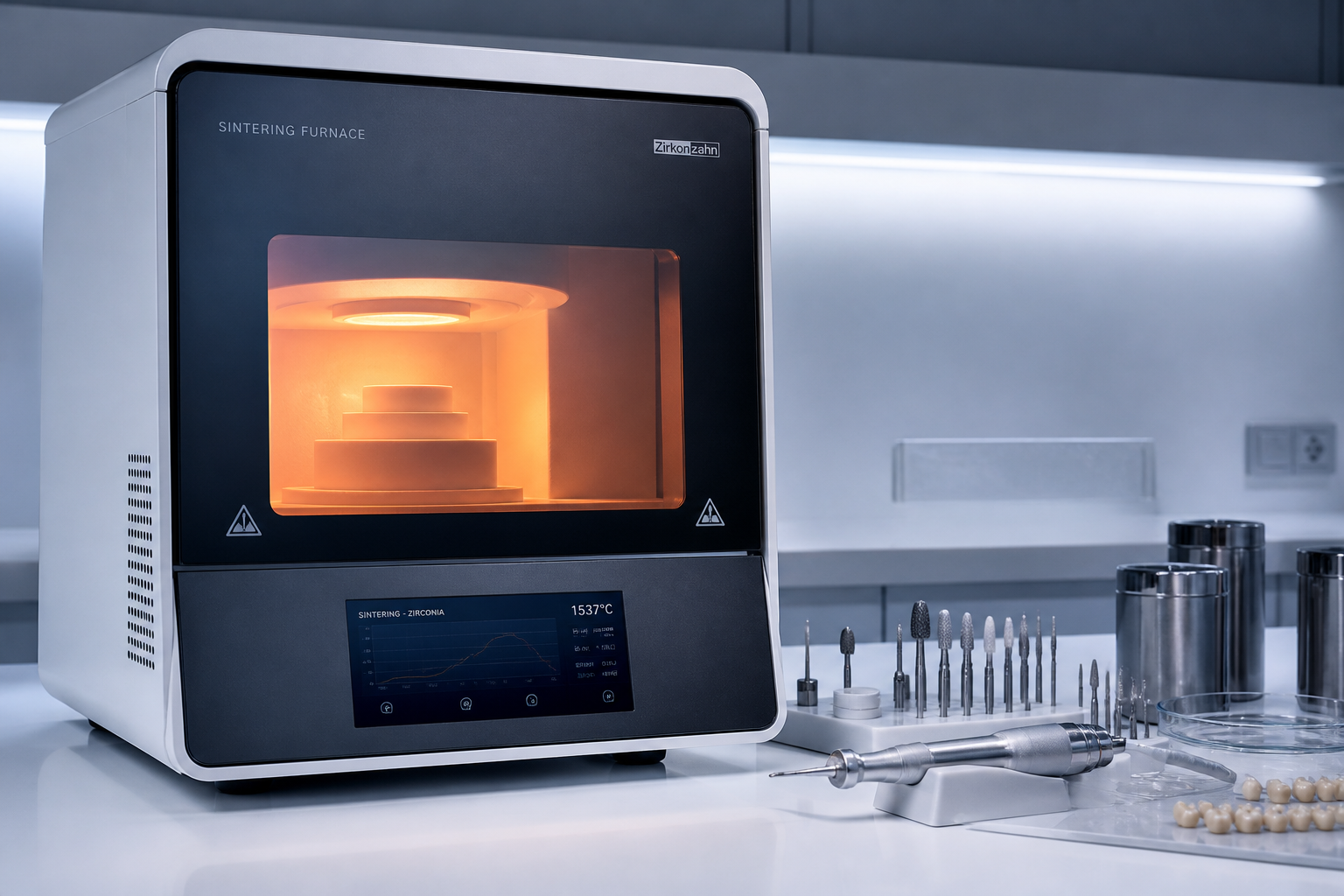 Sintering furnace and ceramic finishing stage in a dental laboratory